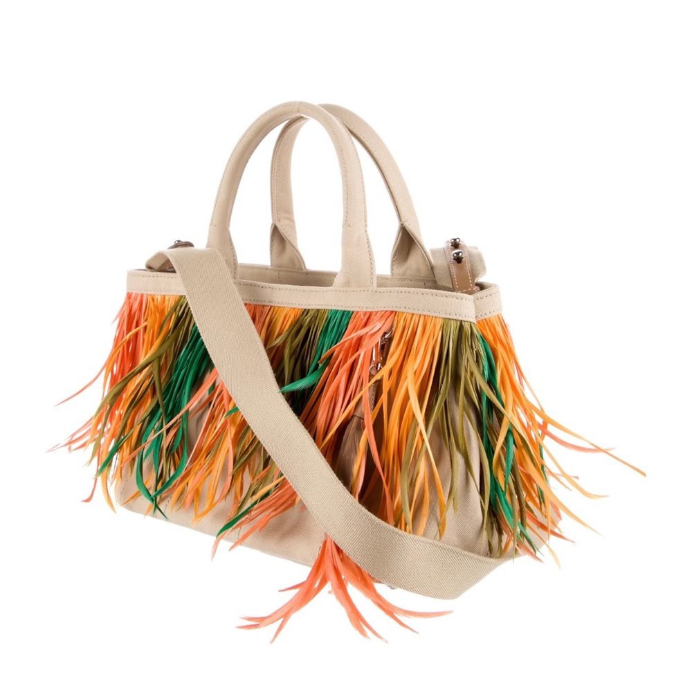 Prada feather canvas tote handbag